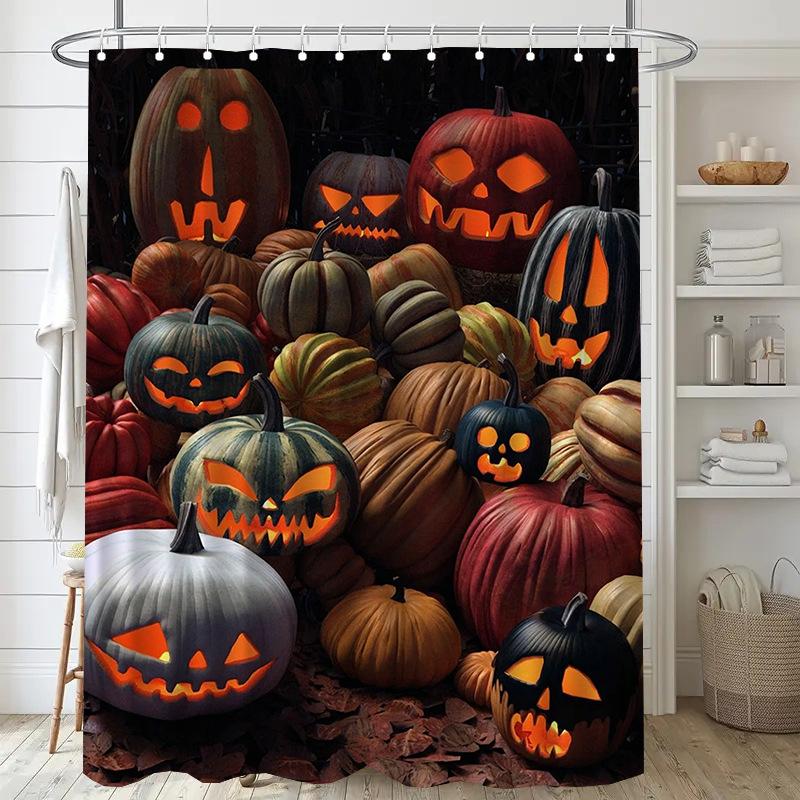 Close-Up Of The Pumpkin Monster Washable Dirt-Resistant Shower Curtain Shower Head Waterproof Polyester Bath For Home Decor