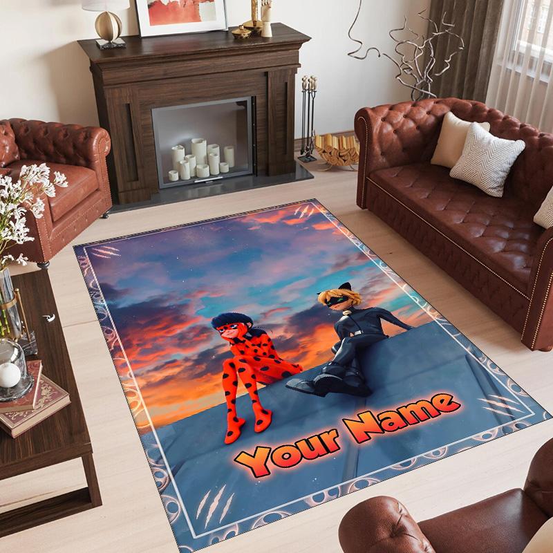 Personalized Crystal Velvet Carpet Custom Name Text,Miraculous Ladybug Anti Slip Area Rug For Home Decoration