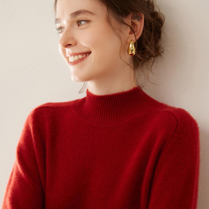 Women's Cashmere Half High-Neck Sweater - Autumn/Winter, Thickened, Solid Color, Loose Saddle Shoulder Knit.