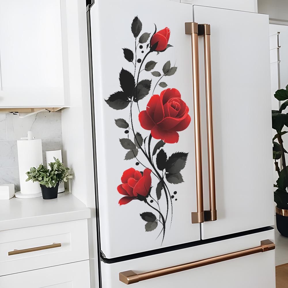 Painted Red Roses and Black Leaves, Bathroom and Home Wall Decoration Stickers