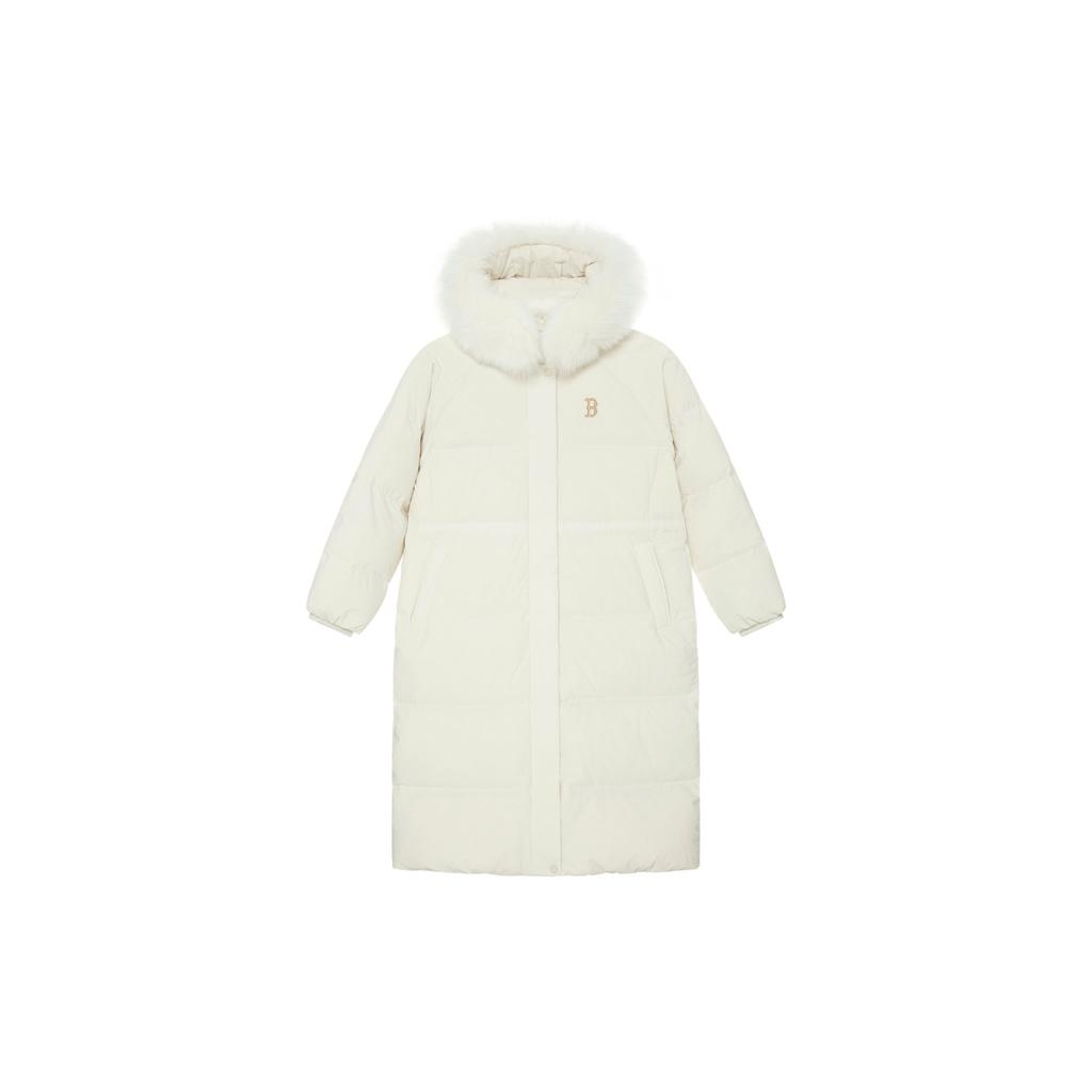 MLB Basic Boston Red Sox Removable Hood Ribbed Waist Windproof Warm Long Down Jacket Women Outerwear Deep-Cream 3FDJB1246-43CRD