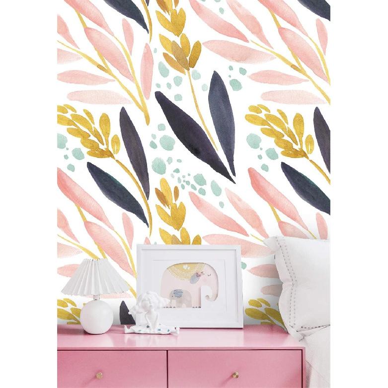 HAOKHOME Watercolor Forest Peel and Stick Wallpaper Removable White/Pink/Navy/Yellow Floral Vinyl Self Adhesive Shelf Liner 17.7in x 9.8ft