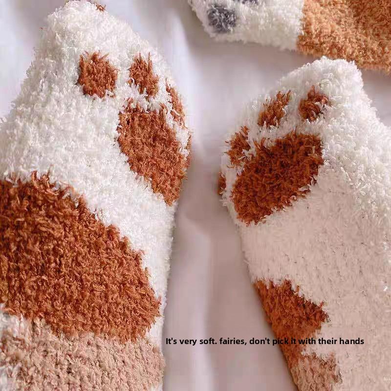 Winter Womens Mid Calf Fleece Socks Cute Cat Paw Design Ultra Soft Warm House Sleeping Socks Maternity Wear