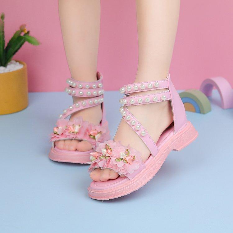 Children's Beach Shoes Breathable Summer Girls Flowers Sweet Cute Sandals Soft Sole Roman Shoes Middle Older Kids Princess Shoes