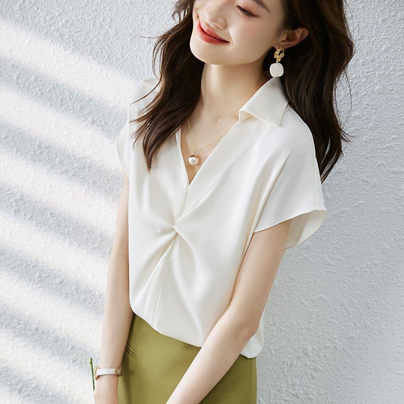 Sweet Summer New Arrival K-style Lake Blue V-neck Satin Fashion Commuter with Shoulder Short Sleeve Shirt Top Easiest for Match Female