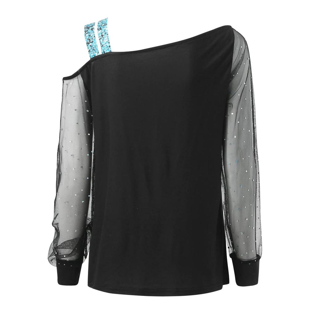 Cold Shoulder Splicing Printed Top Loose One-Shoulder Sequined Mesh T-Shirt Casual Sleeve Long Top Strapless Top