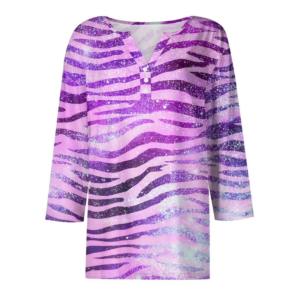 Women's Casual Halloween Print V-Neck Short Sleeve T-Shirt with Decorative Buttons
