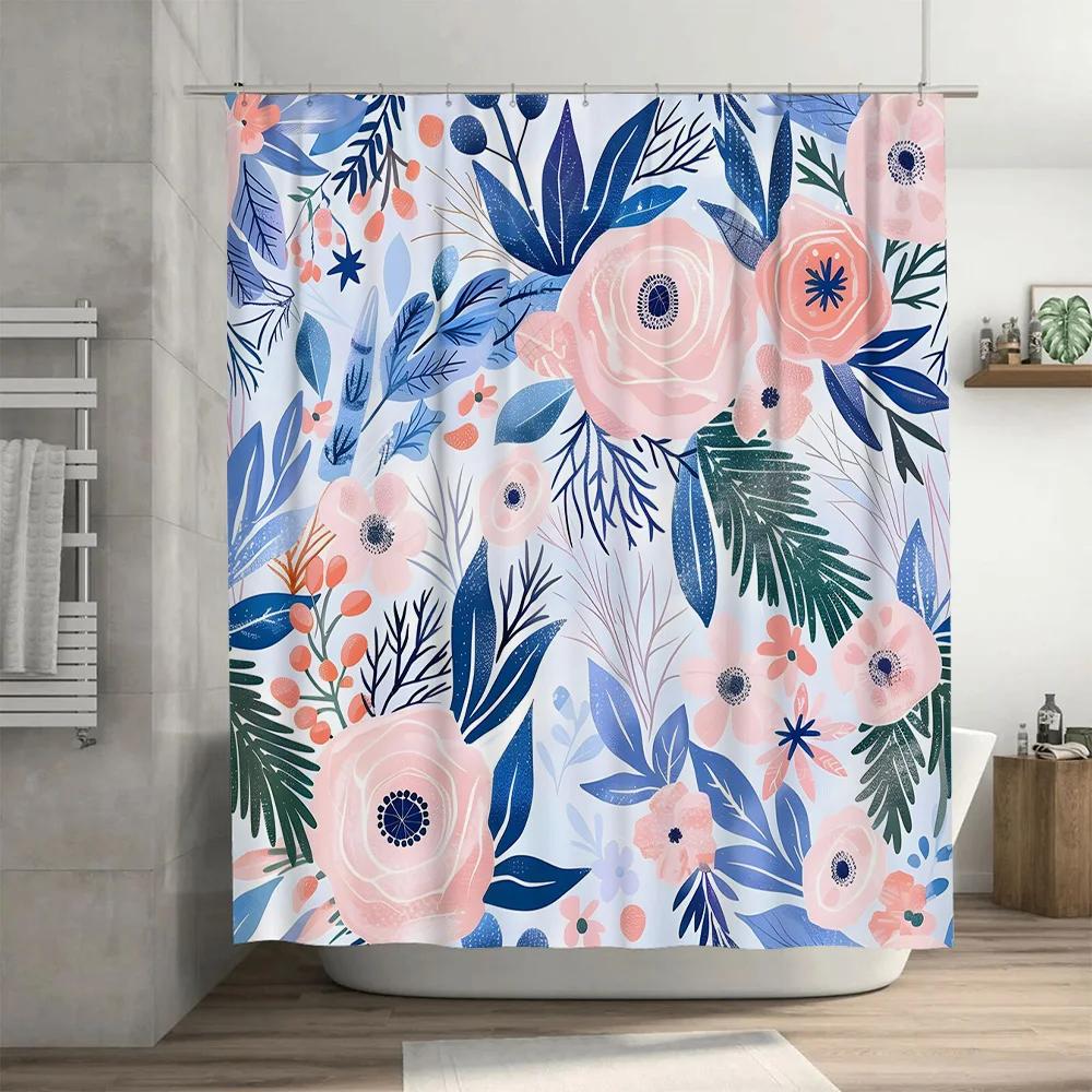 Beautiful floral shower curtain set with blue and pink leaves perfect for bathroom decor