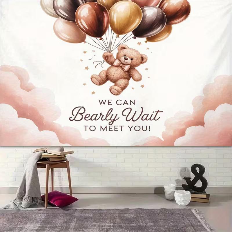 2D Neutral Teddy Bear Baby Shower Backdrop Pink Clouds & Balloons Photo Booth Background