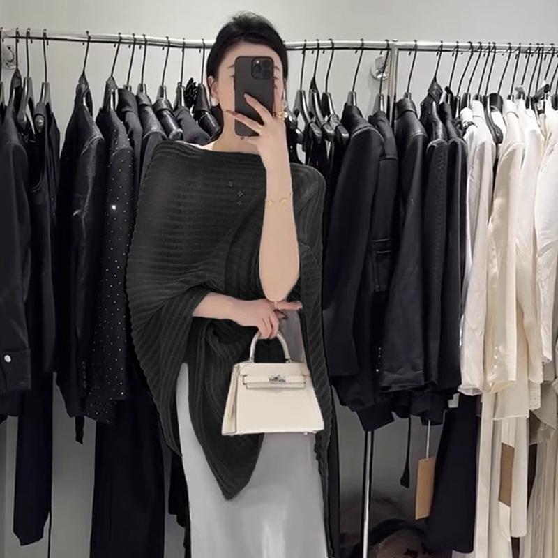 

Летняя ажурная вязаная блузка-кейп с рукавами летучая мышь для защиты от солнца для женщин чёрный