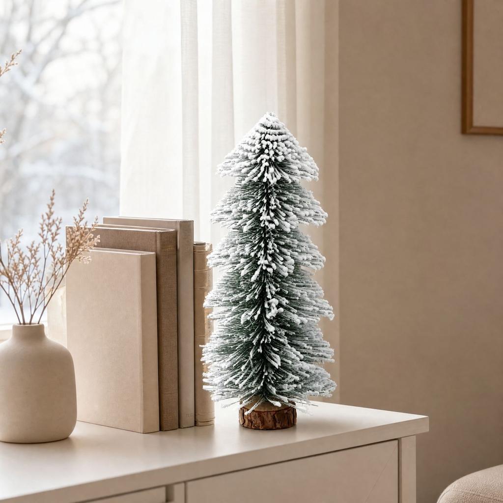 Tabletop Flocked Artificial Cedar Christmas Tree, Tower-Shaped Tree with Needles and Wooden Base