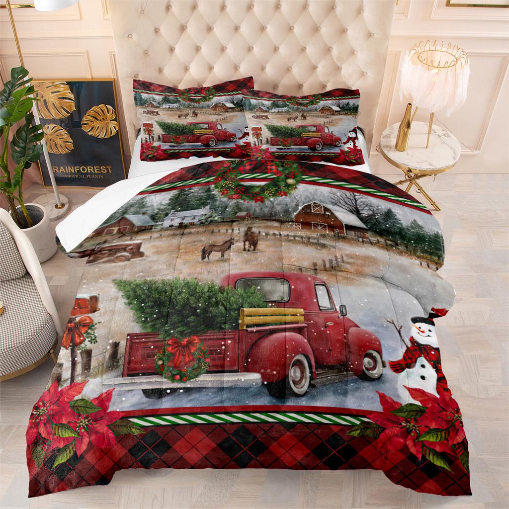 Quilt Fat Quilt 3d Digital Printing Christmas Feather Silk Cotton Quilt Cover Three-piece Set