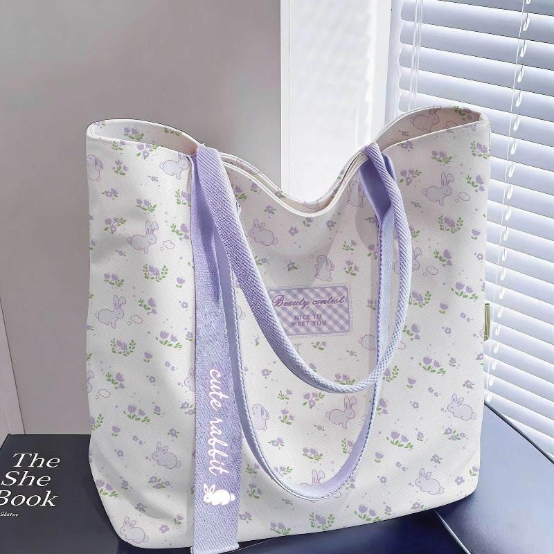 1 Pcs Cute Rabbit Canvas Bag Floral Cartoon Tote Bag Large Capacity Reusable Lunch Bag Work