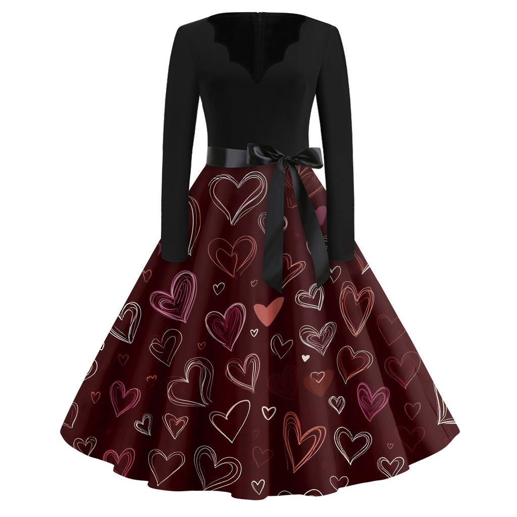 Print Flare Dress For Women Long Sleeve Dress Hollow Party Casual Dresses