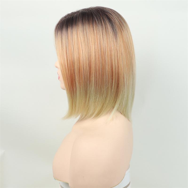 Synthetische Ombre Blonde Perücken Damenperücke mit Pony Natürlich Weich Kurz Glattes Haar Bob Schnitt Perücke Täglicher Kostümparty-Gebrauch