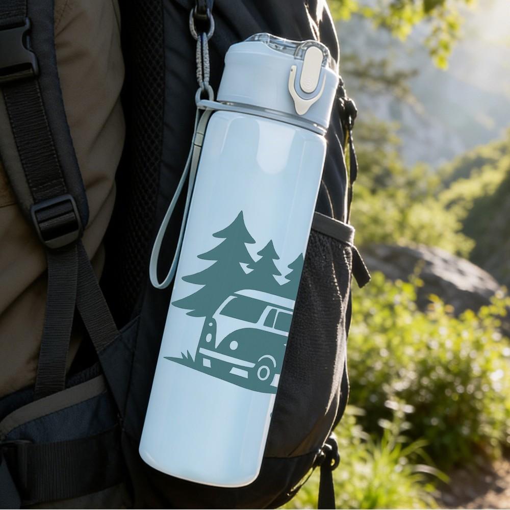 1PC Camper Van Pine Forest Scene Print 750ml Color Plastic Sports Water Bottle Leakproof Flip Straw Lid Suitable for Sports Office Home Use