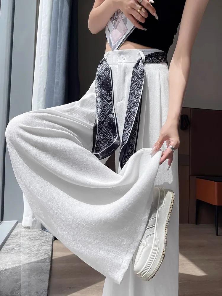 Women's High-Waist Silk Scarf Ribbon Wide-Leg Pants - Summer Cotton Linen Drape
