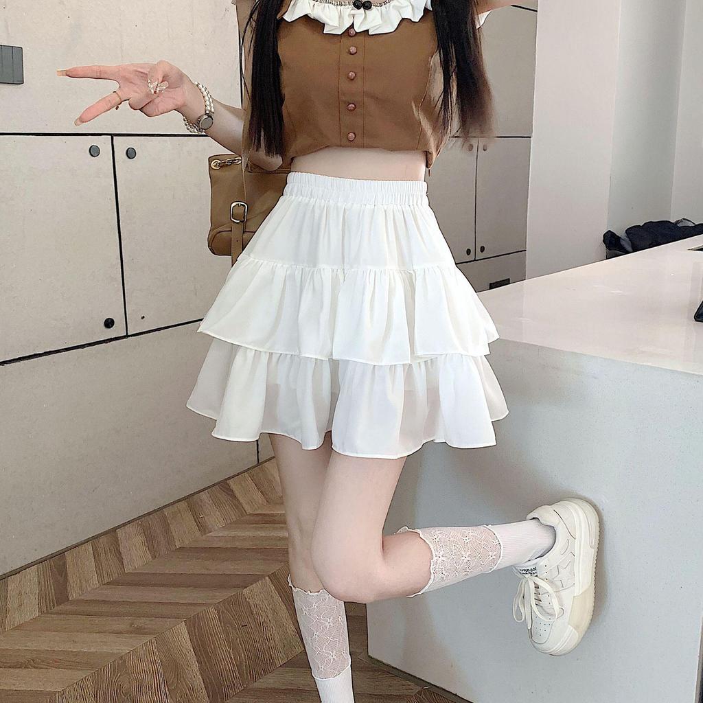 2025 Spring/Summer Women's High Waist Sweet Puff Double Layer Lace Skirt
