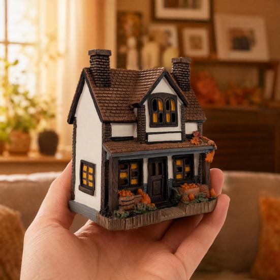 Kürbishaus Miniatur, Harz Herbsternte Dekoration mit handgeschnitzter Kacheltextur und Kürbisdetails, Retro Britisches Holzhaus für Halloween