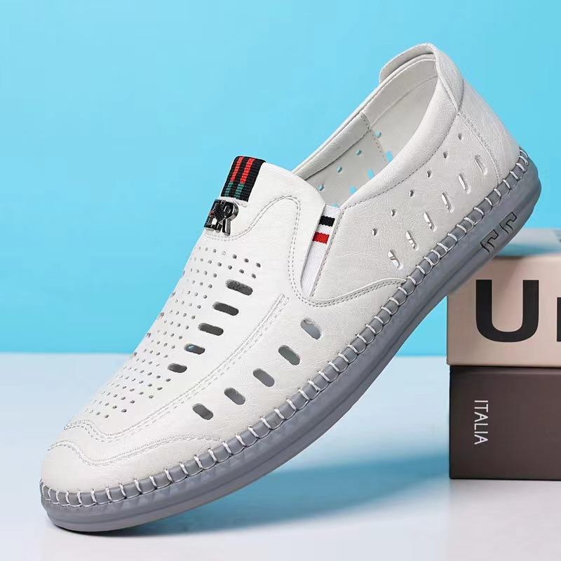 New Men Genuine Leather Sandals, Business Perforated Hollow Dad Leather Shoes, White Soft Sole Hollow-out Casual Footwear
