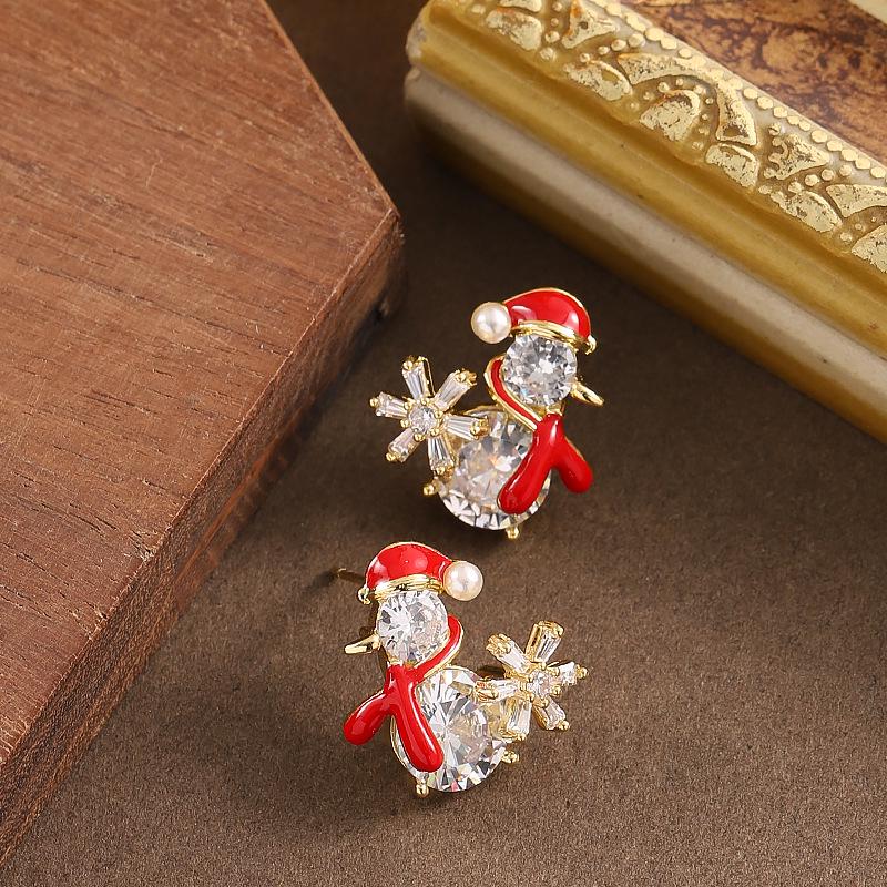 

Silver Zircon-Inlaid Christmas Snowman Pearl Earrings