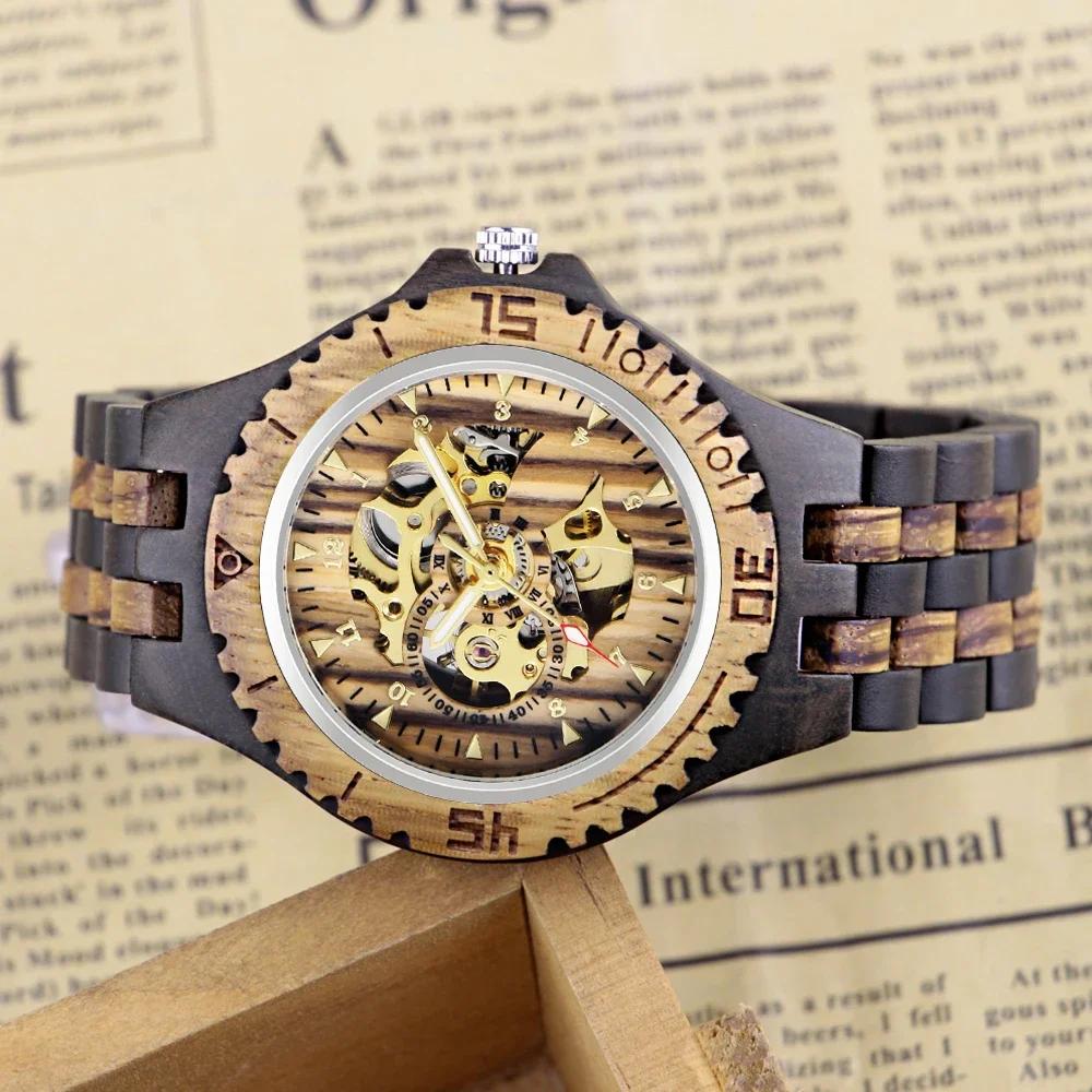 Hollowed Men's Wooden Watch Fashionable and Personalized Custom Wooden Mechanical Wristwatch Vintage Gifts Reloj De Madera
