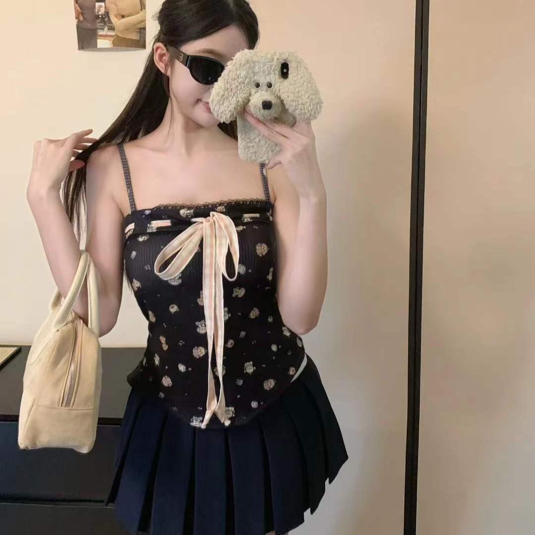 

2026 Spring/Summer Slimming Bow Tie Camisole Vest with Padded Bust and Fun Print for Women One Size чёрный