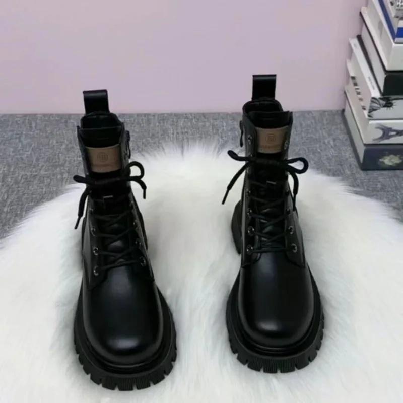 Fashion Soft Leather Motorcycle Boots Women's Autumn Winter New Style British Style Thick Bottom Low Heel Versatile Retro Short Boots