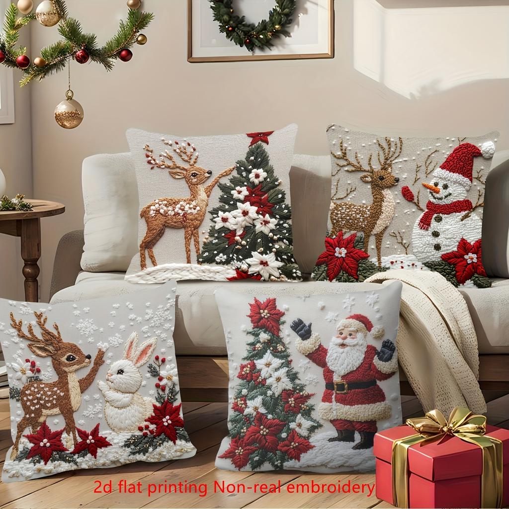 4Pcs Christmas Themed Pillowcases, 2D Flat Santa Claus Reindeer Print, Hand Washable Zipper Closure, Sofa Bed Home Decor