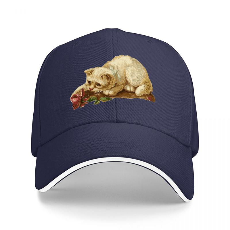 Cute Cat with Rose Embroidered Baseball Cap Classic Black Adjustable Hat for Unisex and Women Fashionable Streetwear Accessory