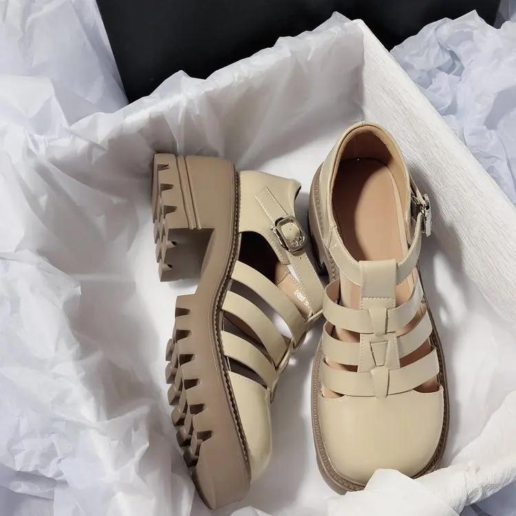 Hot Selling 2025 New Baotou Sandals Women's Platform Roman Sandals Retro High Heels with A Line Button Hollowed Women's Shoes