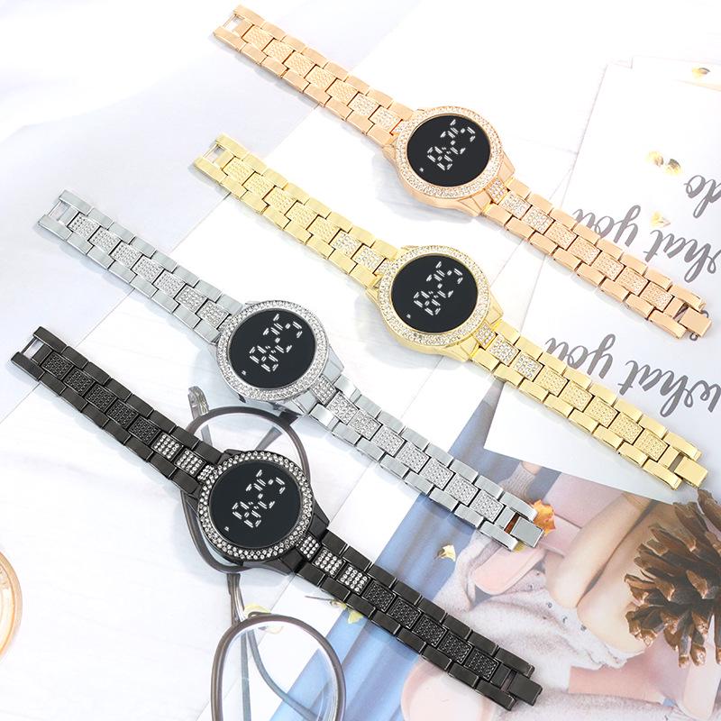 Korean Minimalist Diamond-Set LED Women's Steel Band Wristwatch - Casual Fashion Electronic Round Watch