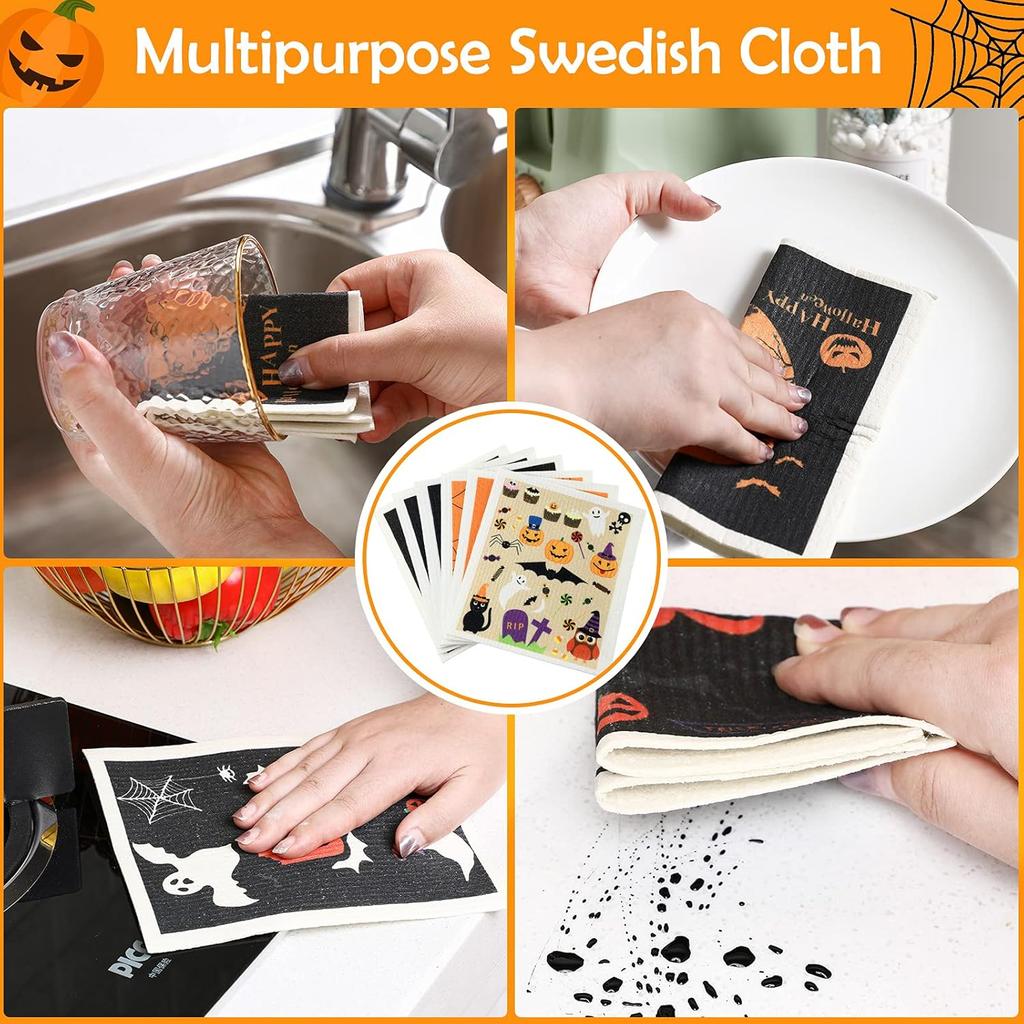 Honeydak 6 Pcs Halloween Swedish Dish Towels Ghost Pumpkin Swedish Kitchen Dishcloths Washable Reble Halloween Dish Cloths Witch Absorbent Fast