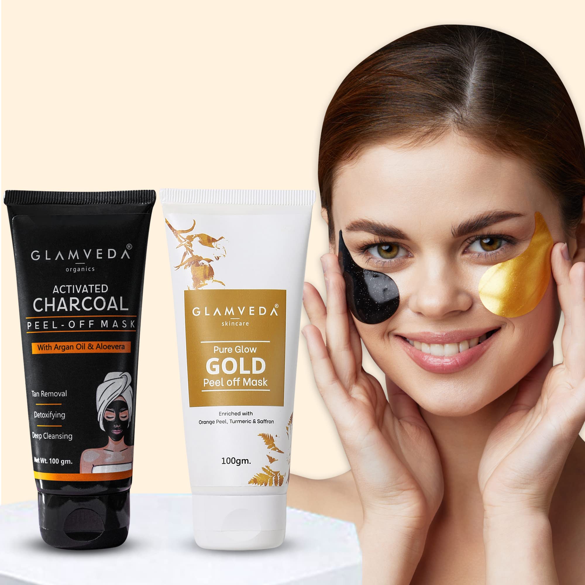Glamveda Activated Charcoal Black Peel Off Mask & Golden Glow Face Mask for Men & Women | Removes Blackheads & Whiteheads | Active Cooling Effect |