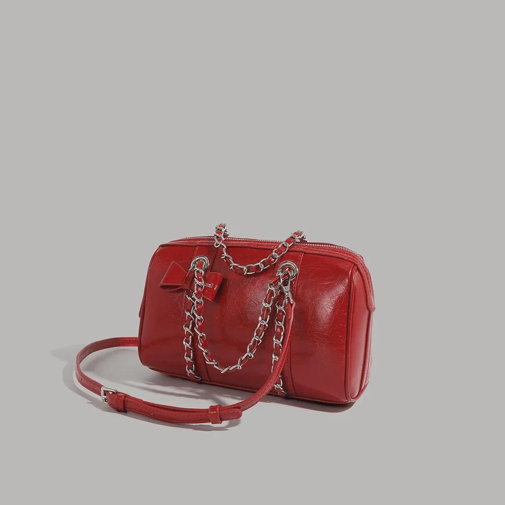 Korean-Style Boston Wax Leather Handbag with Bow Accent