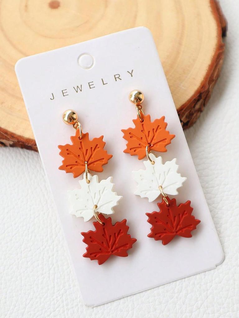 1 Pair Acrylic Maple Leaf Earrings, Baked Paint Soft Clay Texture Retro Earrings, Long Maple Leaf Triple Strand