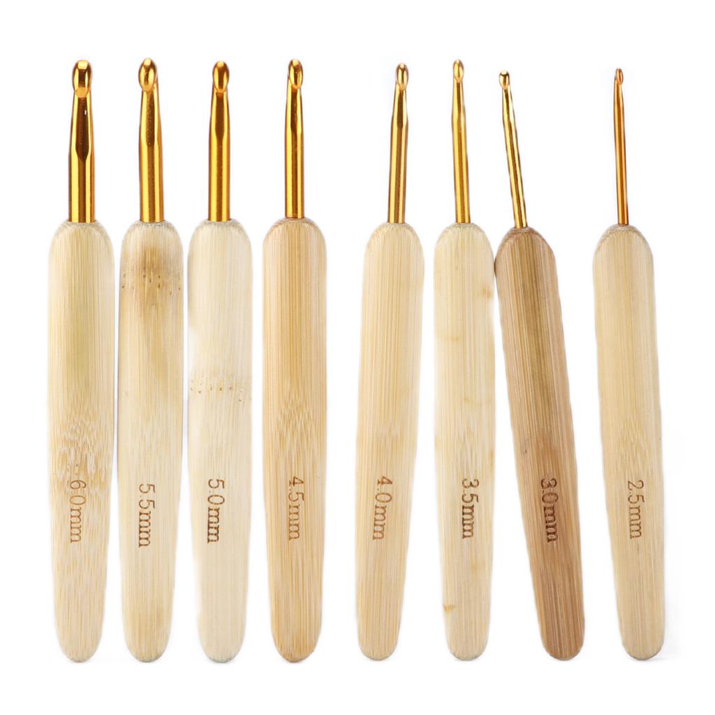 8pcs Crochet Hooks Alumina Needle Bamboo Handle Golden Weaving Tools for Handicraft Lovers