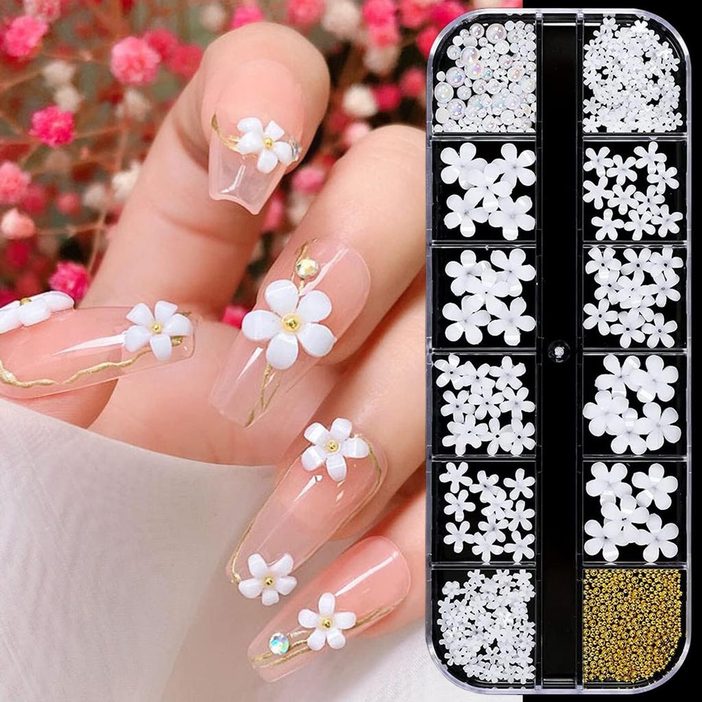 Blumen Nail Art Dekorationen, Weiße Blütenperlen Perlen Nagelpailletten Design Set, Florale Nieten Strasssteine für Nagelsticker Decals Folien