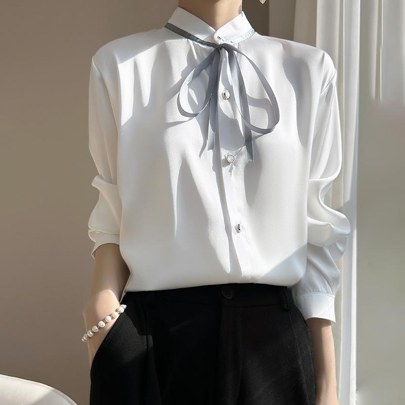

Весенне-осенняя женская рубашка с поясом, кардиган, топы с круглым вырезом и бантом, костюм, блузка с внутренним воротником-стойкой XL белый