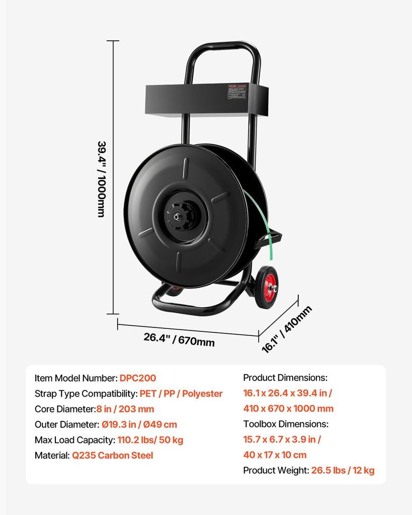 Banding Strapping Cart, Fit for PET / PP / Polyester Strapping Coils with 20.3 Cm Core Size, Heavy Duty Strapping Dispenser Equipped with Upgrade