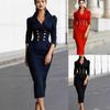 Dames Dubbelrijig Midi Jurk Lange Mouw Elegante Werk Kantoor Potloodjurk met Gouden Knop