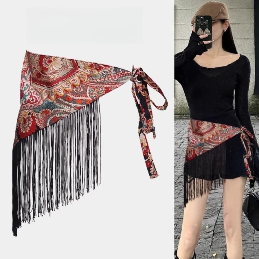 Chinese Style Triangular Waist Belt Printing Ethnic Style Trim Butt Curtain Irregular Hem Ruched Triangular Waistband Adult