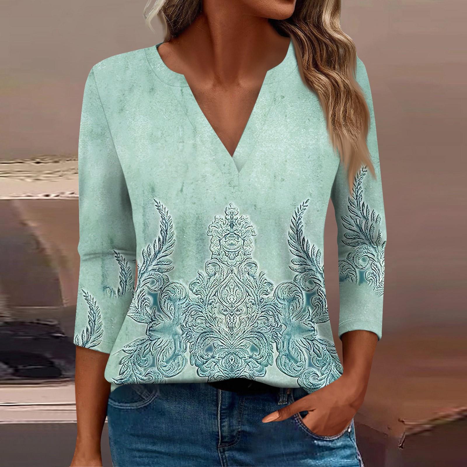 

Жен. Футболка Футболка С принтом Пуговицы Рукав 3/4 Повседневные Выходные Мода Классический Классический V-образный вырез Обычный Верх XXL