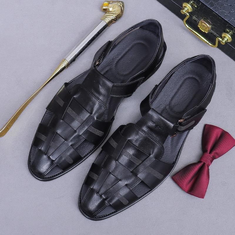 Fashion European Style New 2025 Men's Summer Shoes Full Grain Leather Men Sandals Buckle Breathable Hollow Beach Shoes