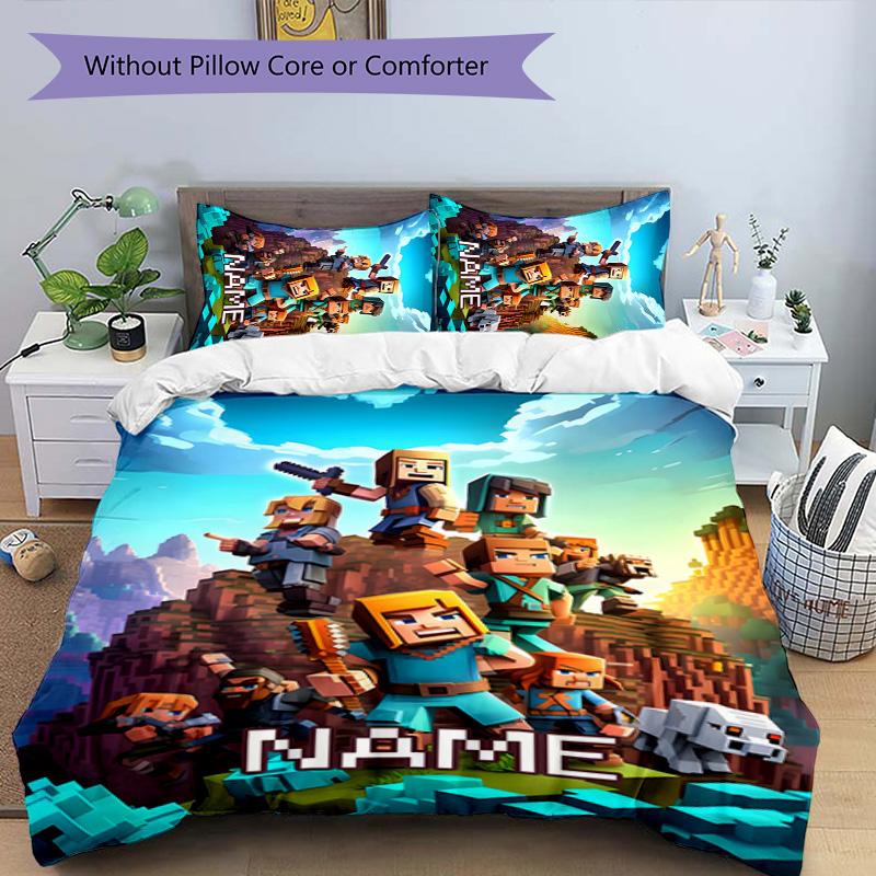 3pcs Minecraft2 Cover Set - Personalized Name, HD Printed Bedding with 1 Cover and 2 Pillowcases - Perfect for Home Decor, Easy Care