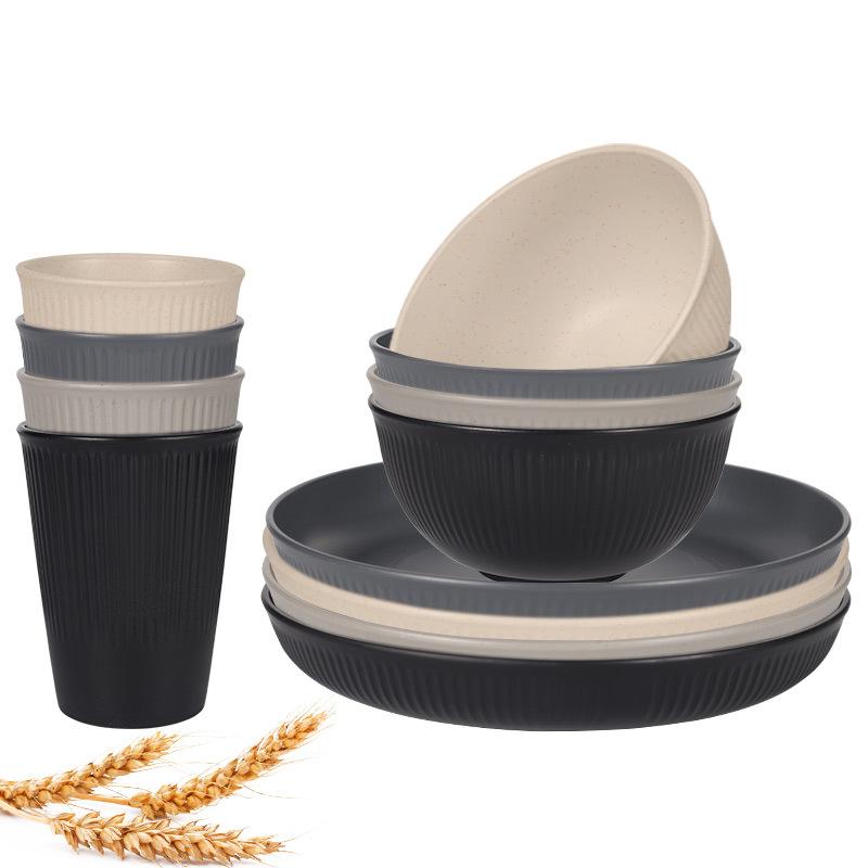 12 ks Sada nádobí ze pšeničné slámy Nerozbitná sada talířů a misek Opakovaně použitelné sady nádobí Vhodné do myčky a mikrovlnné trouby