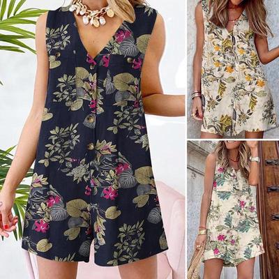 Damen Sommer Jumpsuit mit Blumenmuster - Locker, lässig Strand Tank & Shorts
