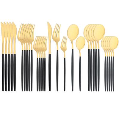 30Pcs Mirror Dinnerware Set Stainless Steel Black Gold Tableware Knife Fork Spoon Dinner Set Cutlery Spoon Dessert Flatware Set