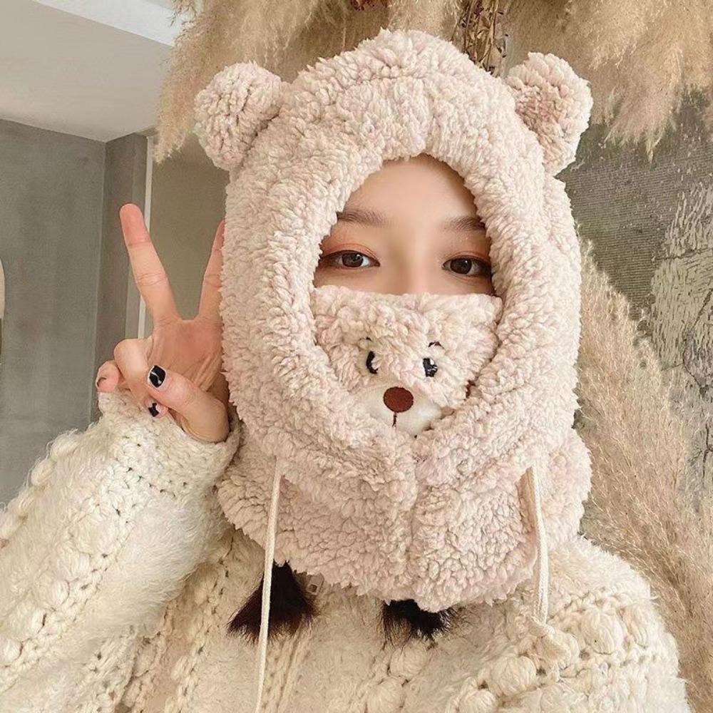 Plush Bear Hat Cute Face Small Windproof Warm Ear Protection Versatile Pullover Hat