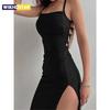 Sexy Black Long Bodycon Dress Women Summer Sleeveless Blackless Halter Neck Spaghetti Strap Dresses High Split Vestidos